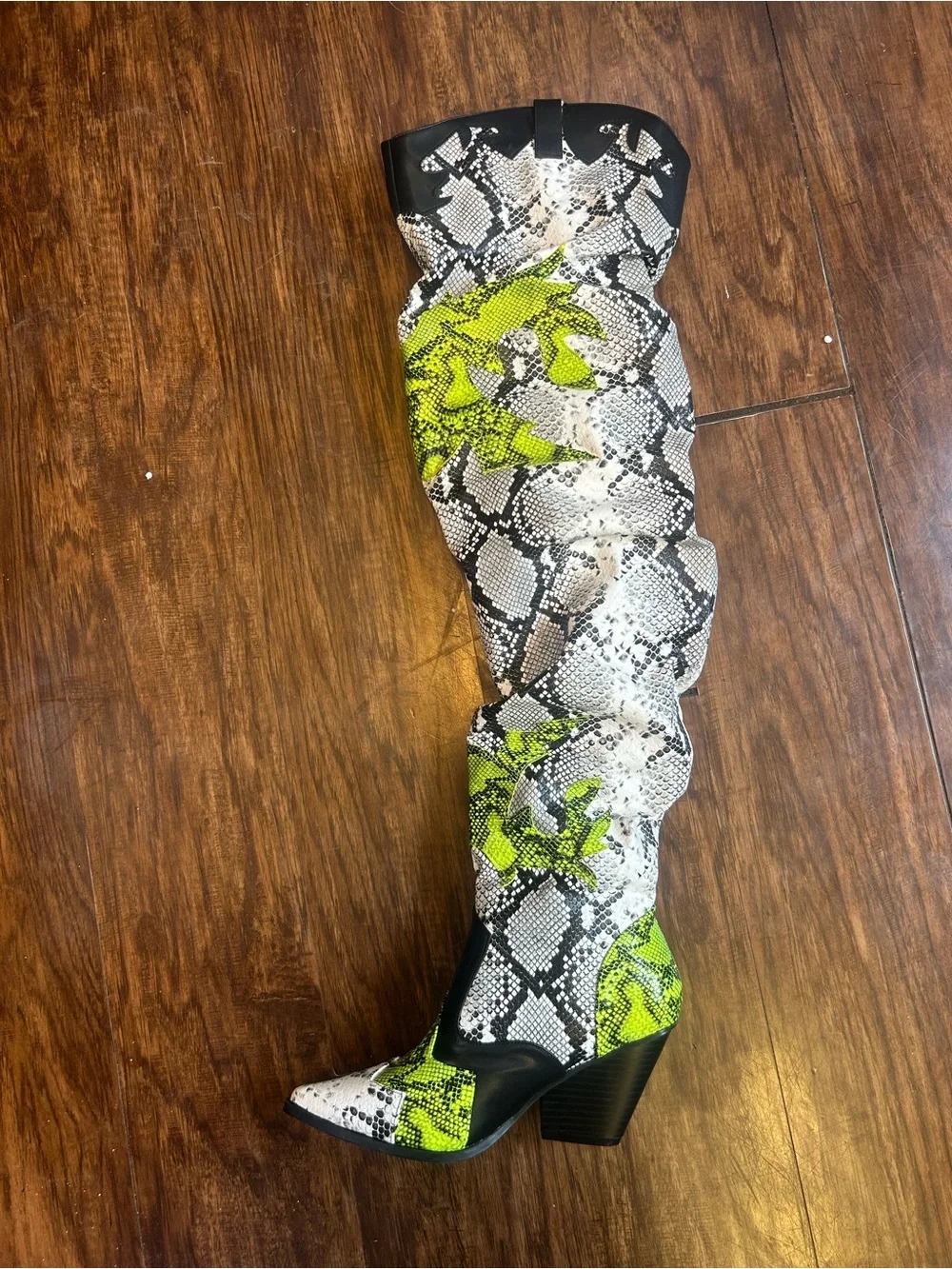 Cape Robbin Black, White & Neon Green Snake-Print Ankle Boots